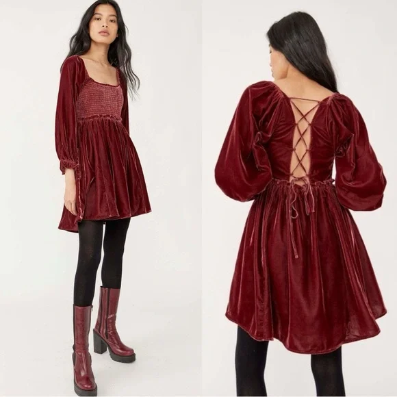 Free People Dainty Renaissance Daphne Velvet Mini Dress Burgundy Brown Medium - Picture 9 of 17